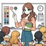 Teacher Pointing at Blackboard in Classroom with Girls Looking at the Board 📚👩‍🏫 📚👩‍🏫 Colored Example