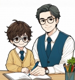 A teacher standing at the front of a classroom, holding a pen and wearing glasses and a tie, is teaching a young boy student. 📝👦👓 Colored Example