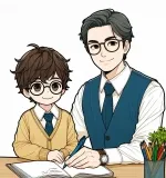A teacher standing at the front of a classroom, holding a pen and wearing glasses and a tie, is teaching a young boy student. 📝👦👓 Colored Example