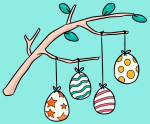 Tree Branch Decorated with Four Easter Eggs Hanging on Ropes 🌸🌳🥚 Colored Example