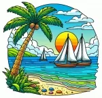 Tropical Beach with Palm Tree and Three Sailboats on the Sea 🏖️🌴⛵ Colored Example