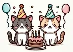 Two Cats with Birthday Cake with Three Candles Party Hats and Balloons 🎂🐱🎈 Colored Example