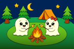Two Cute Ghosts Camping with Marshmallows and Campfire 👻🔥🌲 Colored Example