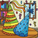 Two Festive Party Hats on Table in Room with Streamers and Confetti Around 🎉🎈🎊 Colored Example