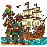 Two Pirates with Parrot on Hat Standing in Front of Pirate Ship 🏴‍☠️🦜 Colored Example