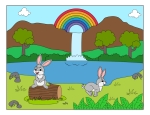 Two Playful Rabbits Relaxing and Hopping by a Lake with a Waterfall, Rainbow, and Mountain View 🐇🌈🏞️ Colored Example