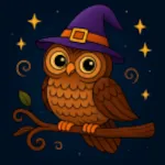 Wise Owl on Branch with Witch Hat and Starry Night 🦉✨🌙 Colored Example