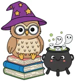 Wise Owl Witch with Ghosts in Cauldron 🦉🔮👻 Colored Example