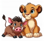 Young Lion King Simba and Pumbaa Warthog 🦁👑🐗 Colored Example