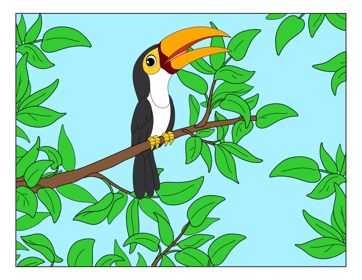 Toucan Perched on a Tree Branch in the Jungle 🦜🌴 Coloring Page
