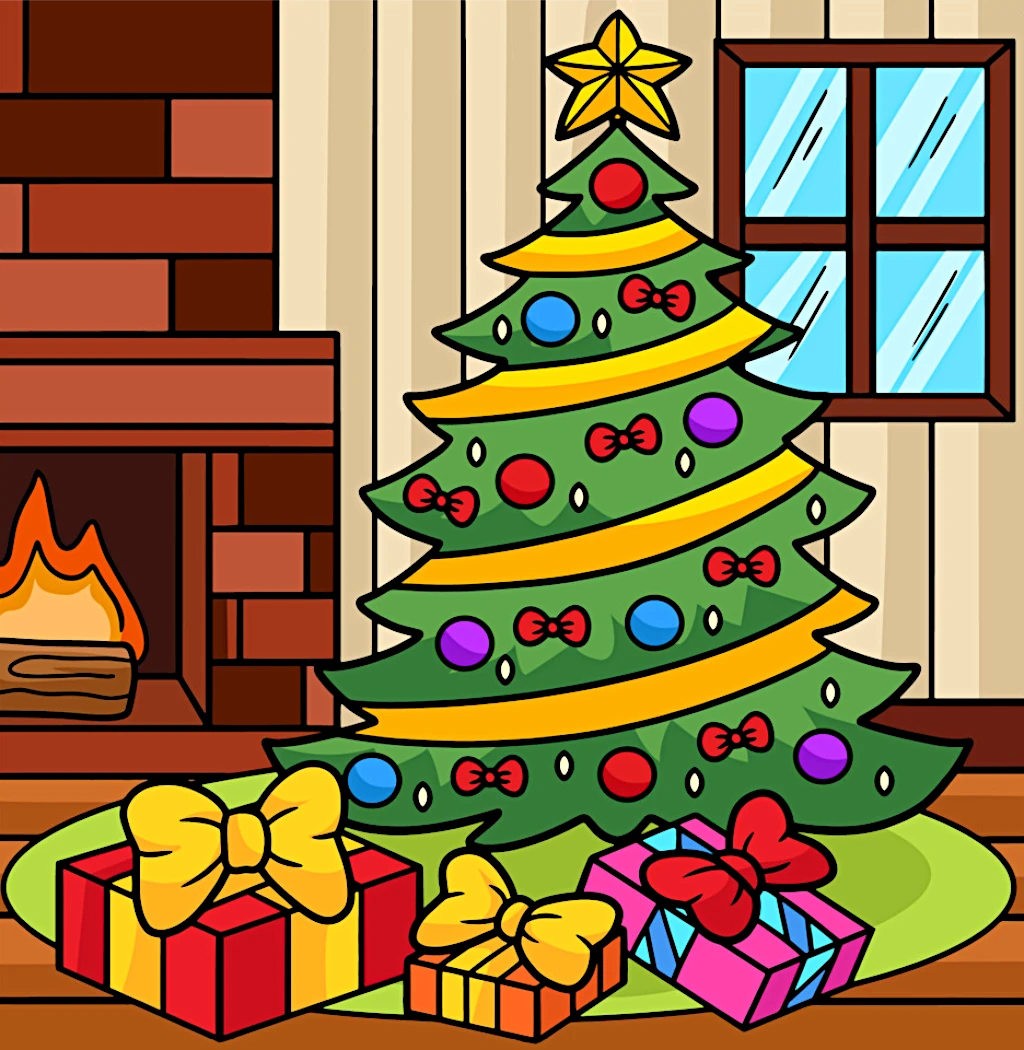 Warm Room with a Christmas Tree and Gifts in Front of a Fireplace, Creating a Cozy Holiday Atmosphere 🎄🎁🔥 Coloring Page