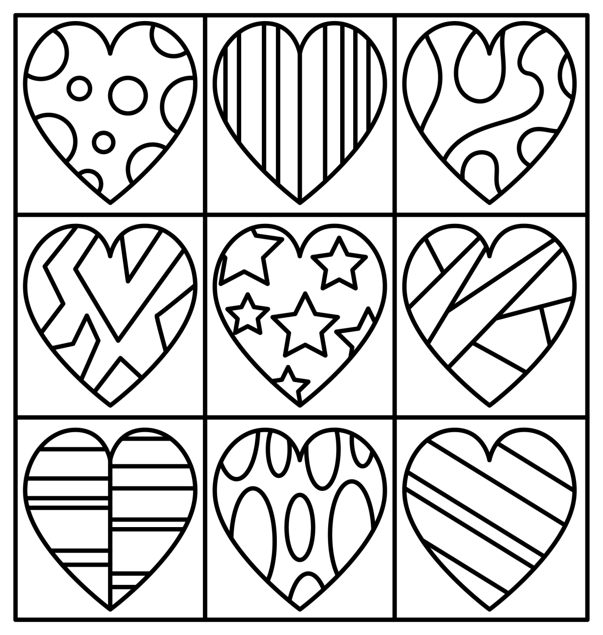 Colorful Hearts with Unique Patterns and Designs 💖🎨 Coloring Page