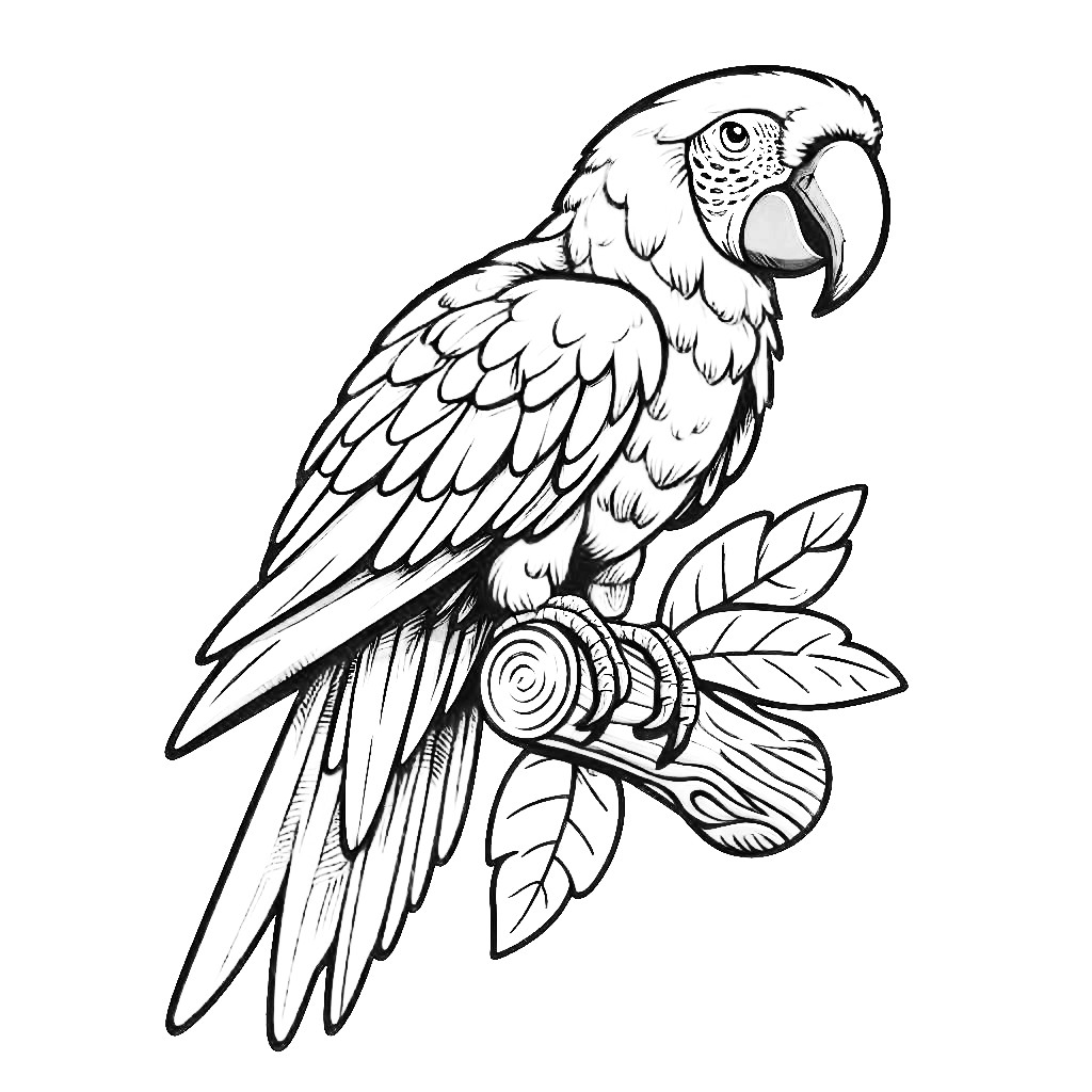 Colorful Parrot on Tree Branch (Scarlet Macaw) 🌈🦜🌳 Coloring Page