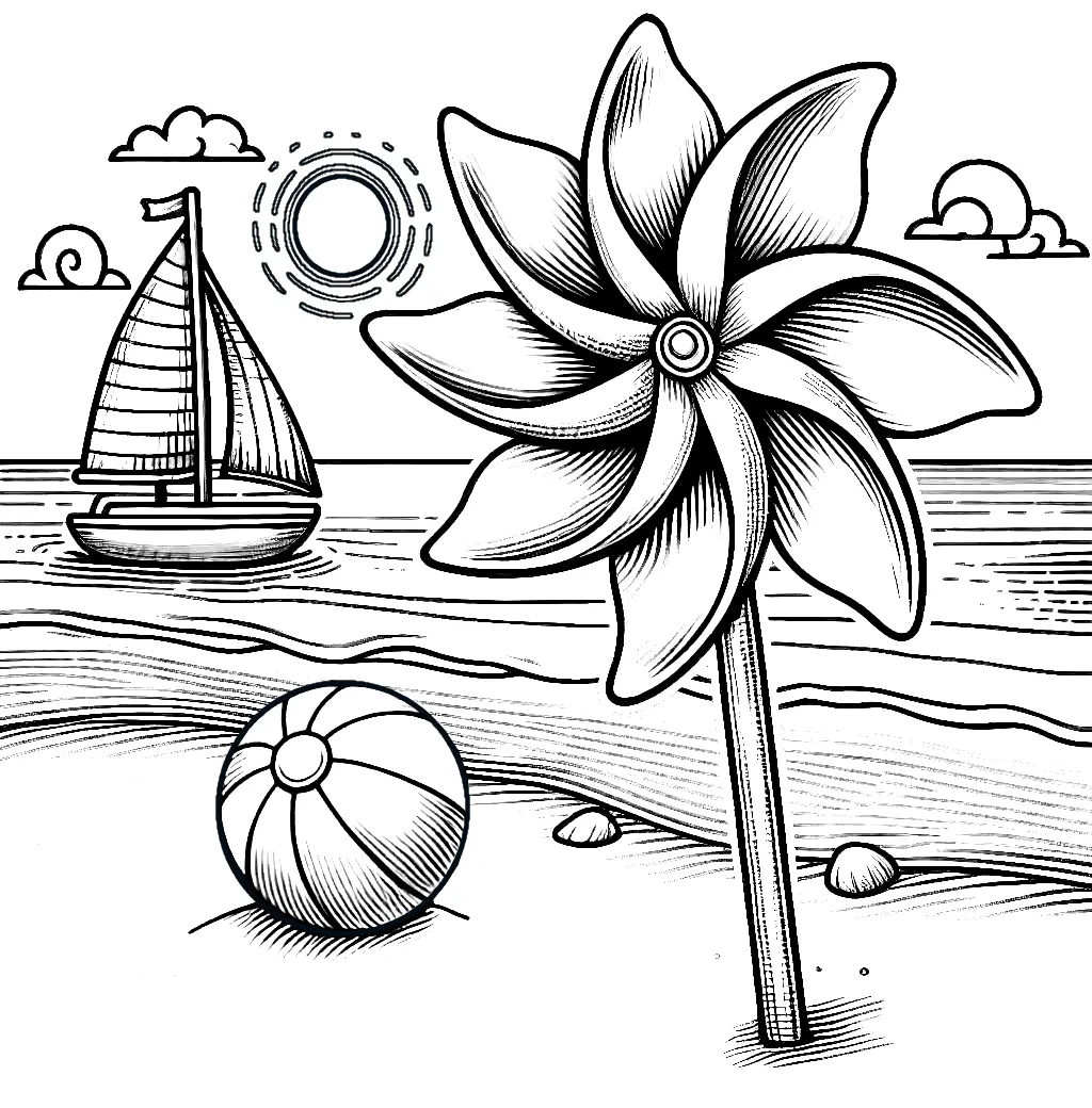 Colorful Pinwheel on Beach with Ball and Sailboat ⛵🌞 Coloring Page