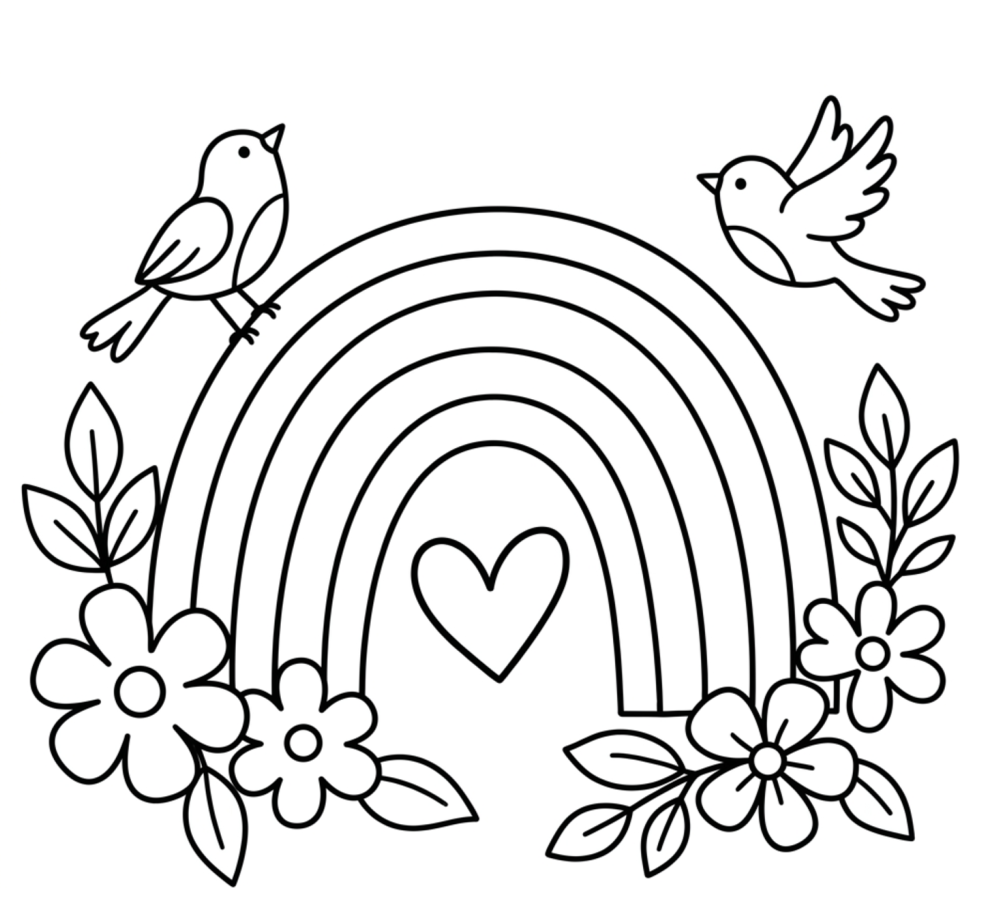 A Beautiful Rainbow with Birds and Flowers 🌈🐦🌸 Coloring Page