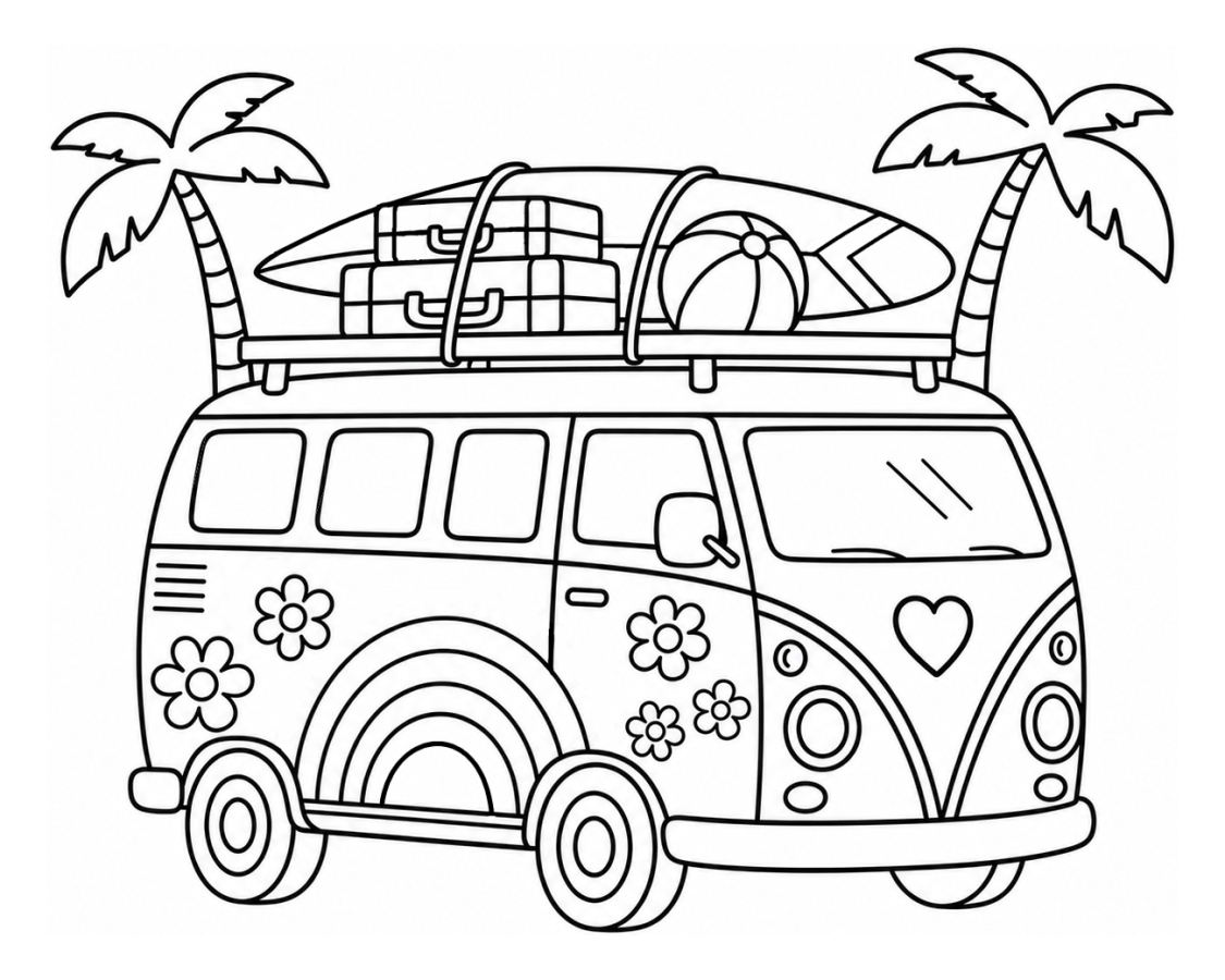Colorful VW Van with Surfing Gear and Palm Trees 🏄‍♂️🌴🚐 Coloring Page