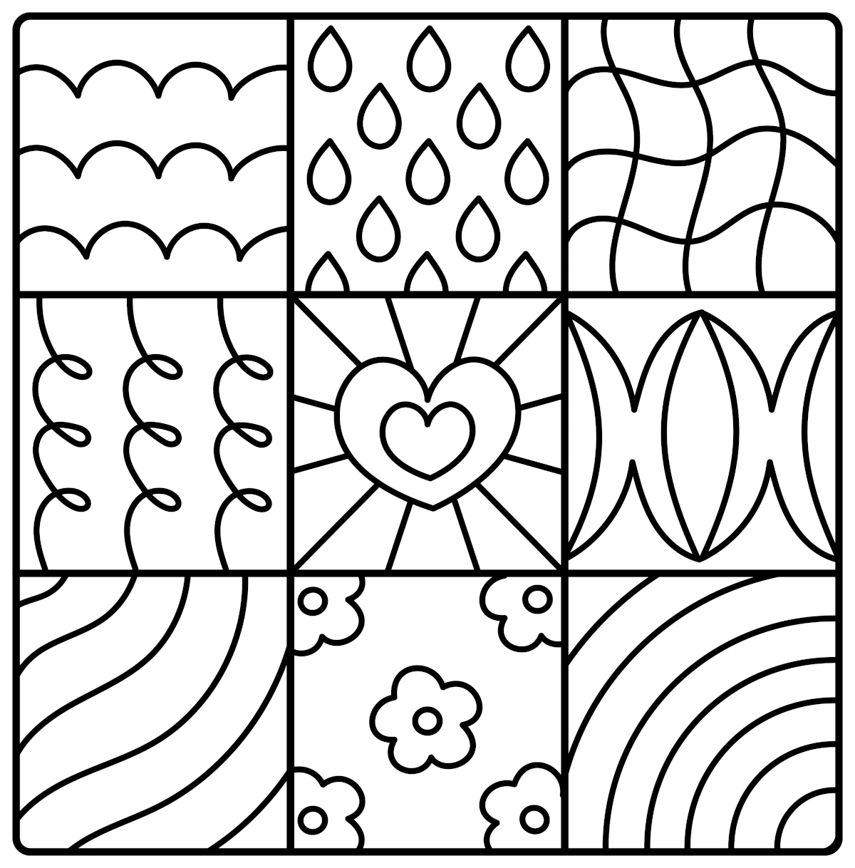 Comfy Patterns: Heart, Flowers, Droplets, Lines, Circles and Waves 💖🌸💧🌊⚪✨ Coloring Page