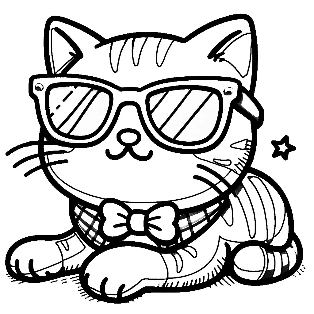 Cool Cat with Sunglasses Scarf and Red Bow 😎🐱 Coloring Page