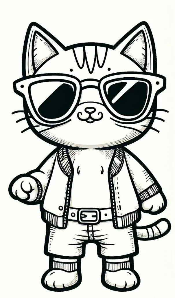 Cool cat with Lightblue Sunglasses, Jacket and Shorts 😎🐱🧥🩳 Coloring Page