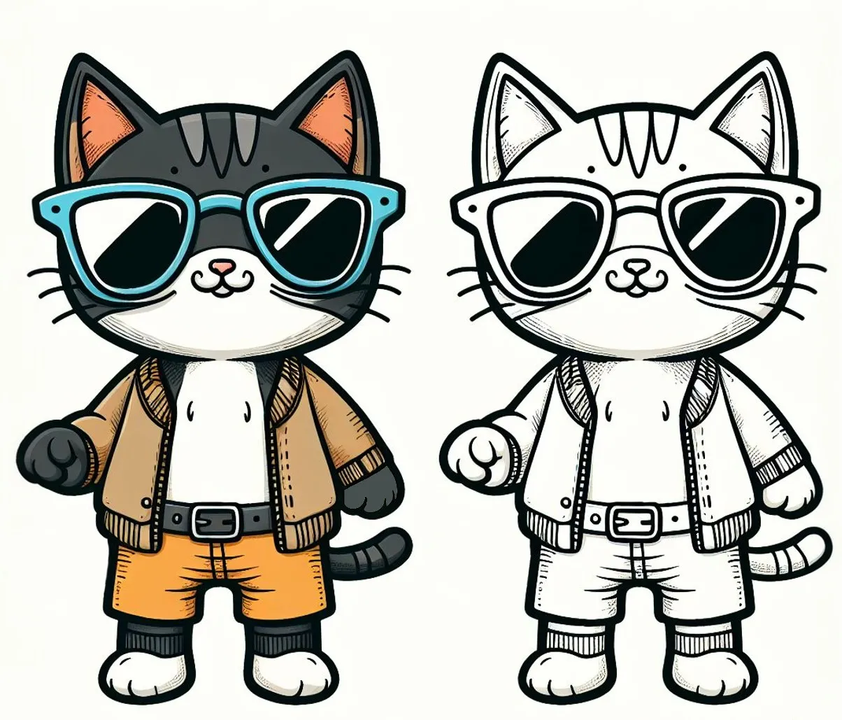 Cool cat with Lightblue Sunglasses, Jacket and Shorts 😎🐱🧥🩳 Coloring Page