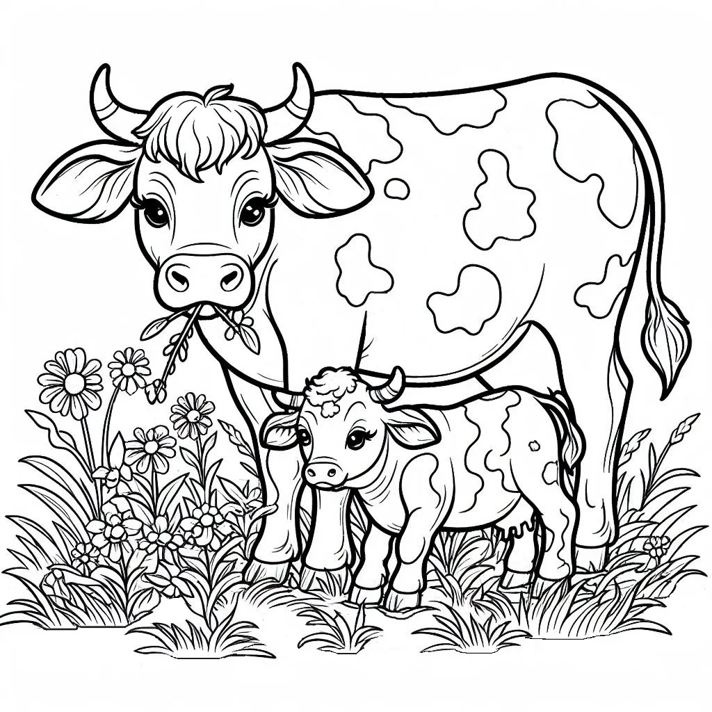Mother with Baby Calf Eating Grass and Flowers 🐄👶🌱🌸 Coloring Page