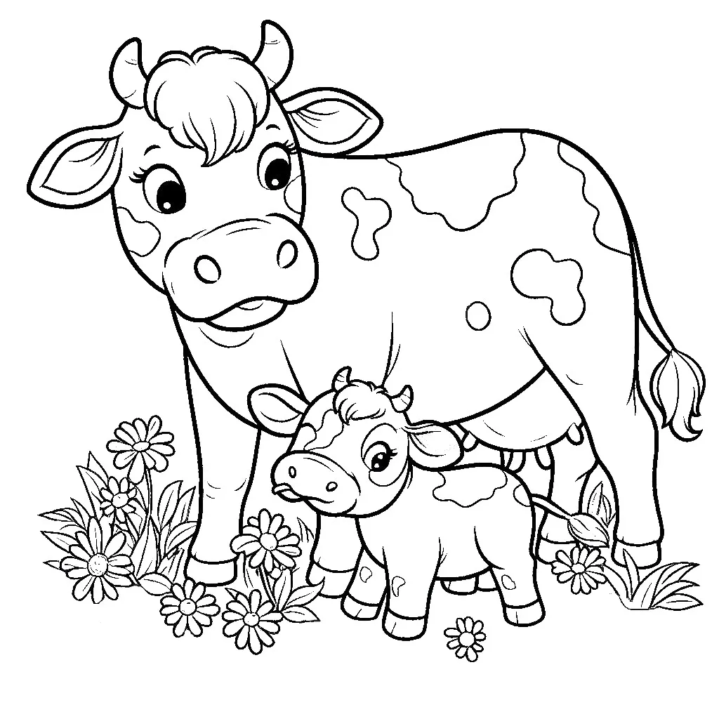 Mother with Baby Calf Eating Grass and Flowers 🐄👶🌱🌸 Coloring Page