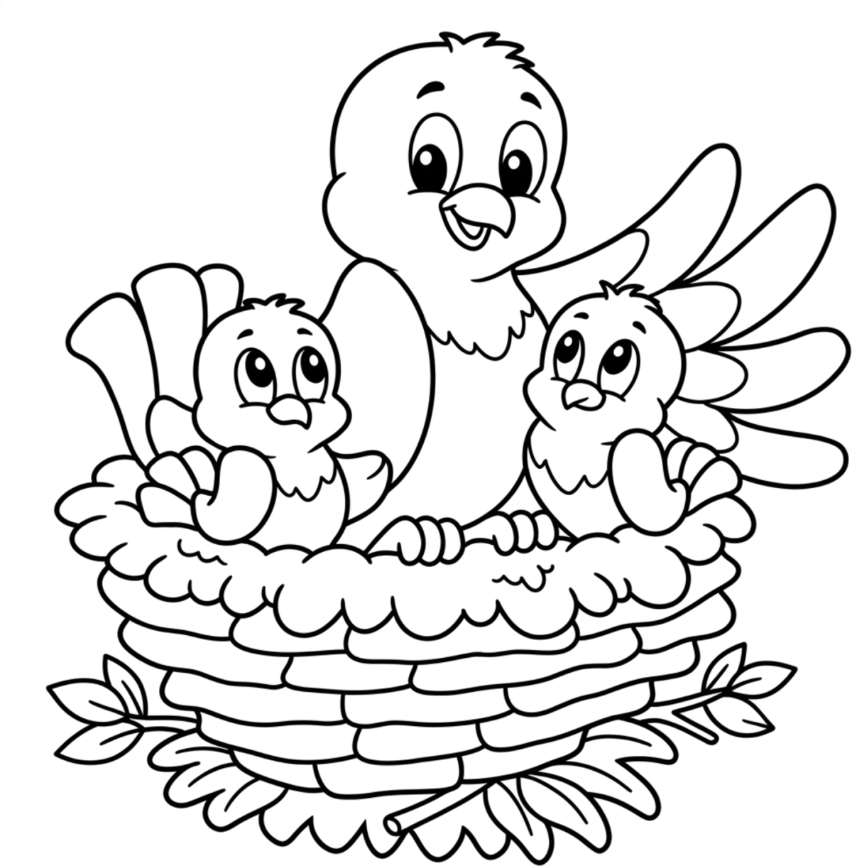Cozy Bird Family Nest with Two Chicks and Mom 🐦🐣🏡 Coloring Page