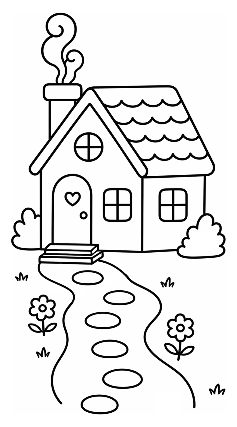 Cozy House with a Heart on the Door and a Winding Path 🏡🌿💖 Coloring Page