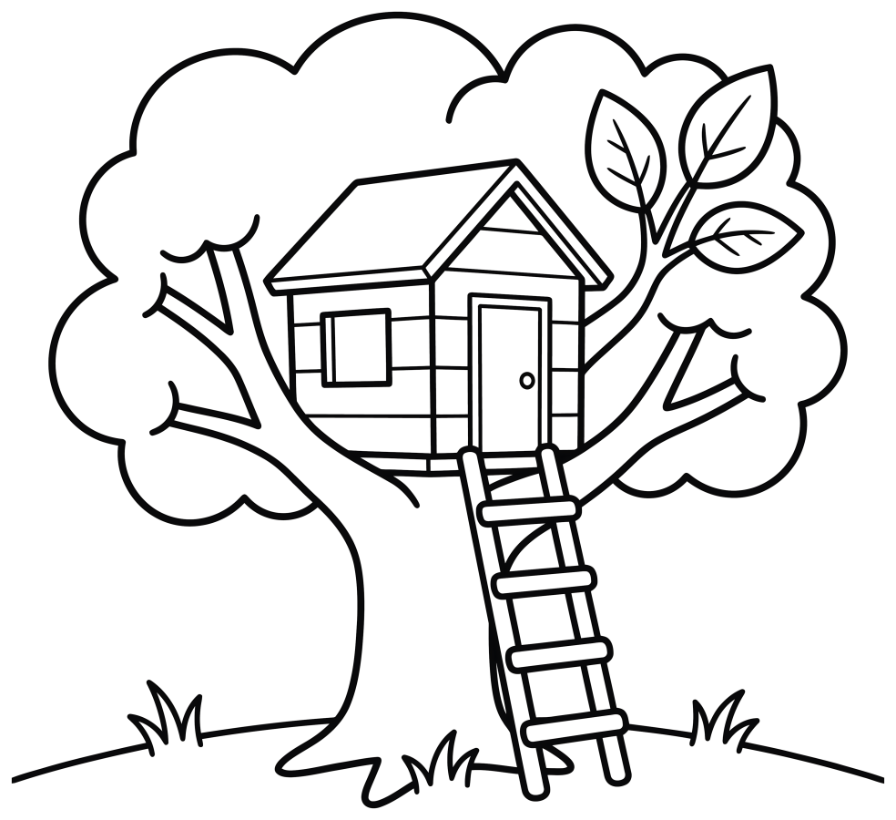 Cozy Wooden Treehouse in a Big Tree 🌳🏠✨ Coloring Page