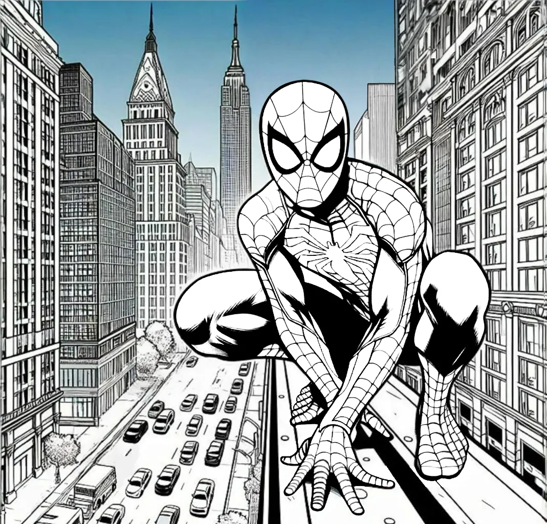 Crouching Spiderman on Edge of Building in New York City 🕷️🌆🕸️ Coloring Page