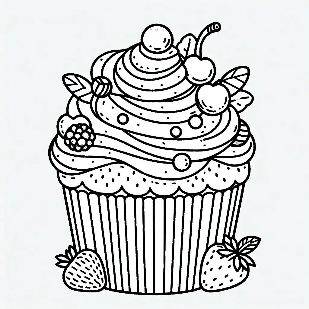 Cupcake with Fruits 🧁🍓🍇🍍 Coloring Page
