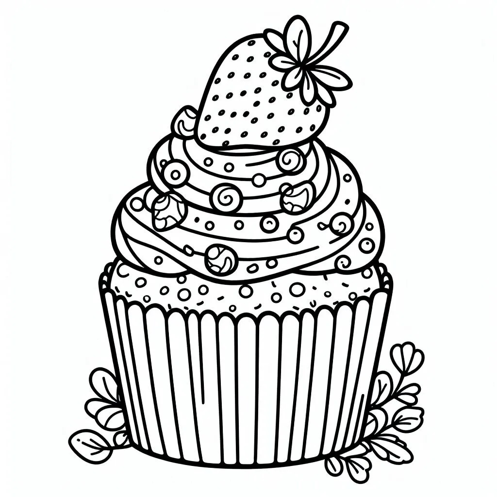 Cupcake with Strawberry 🧁🍓 Coloring Page