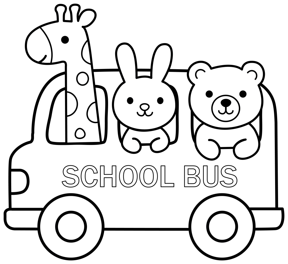 Cute Animals Riding the School Bus 🦒🐰🐻 Coloring Page