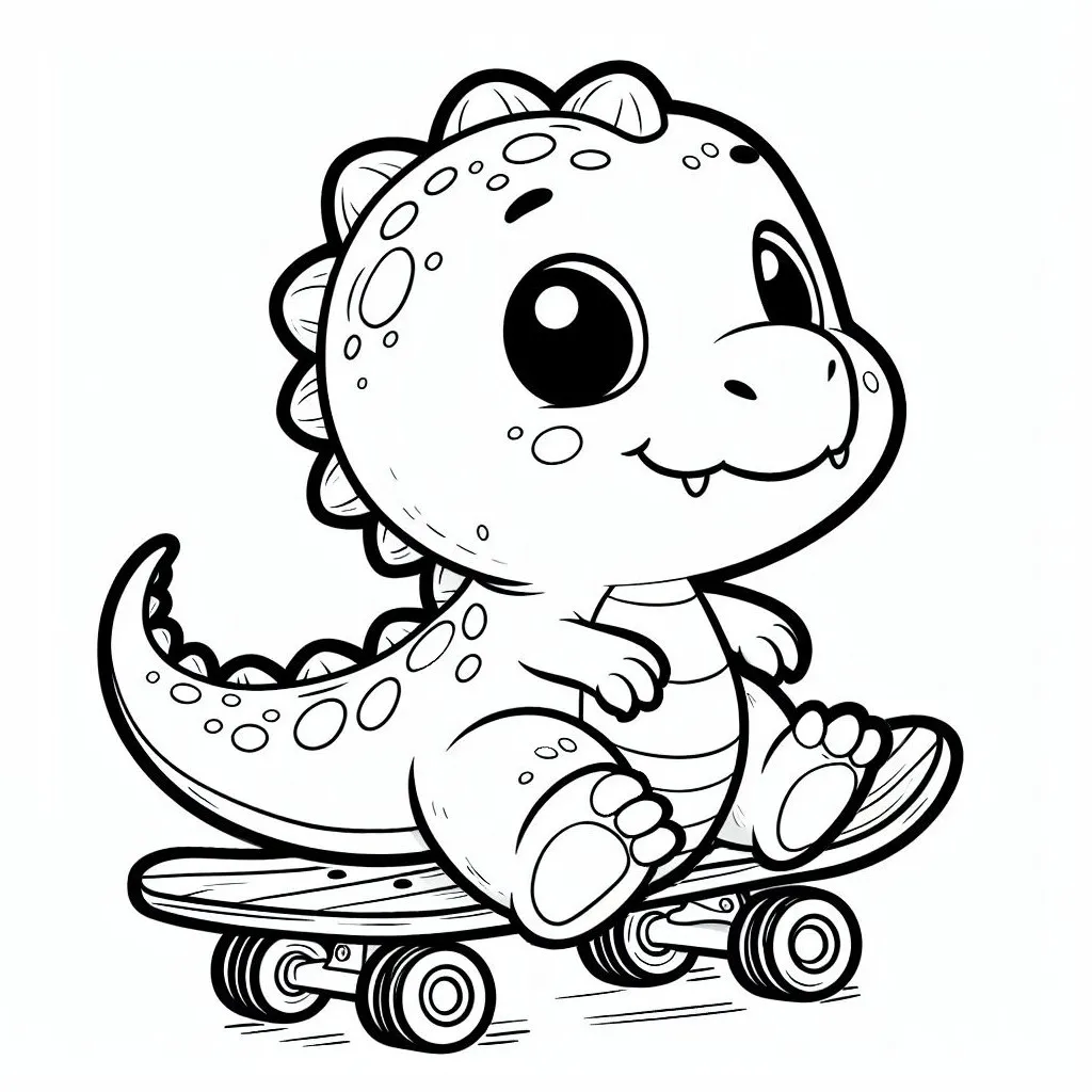 Cute Baby Dino on Skateboard 🦕🛹 Coloring Page