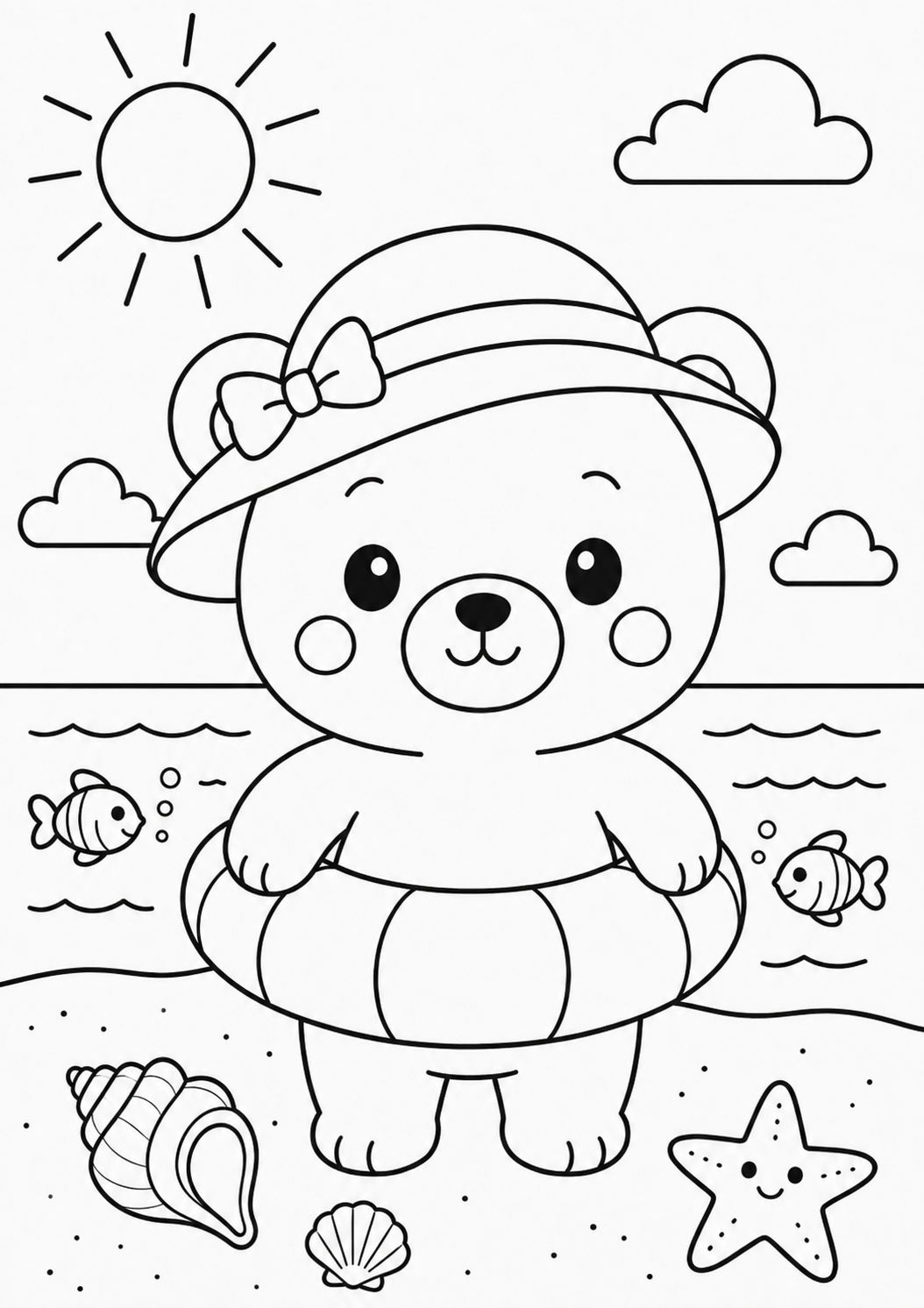 Cute Bear with Swim Ring at the Beach 🐻🏖️☀️ Coloring Page