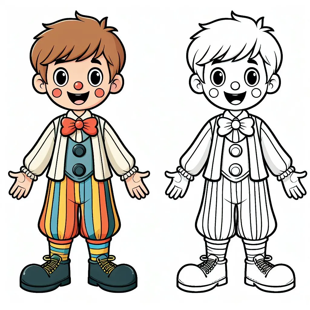 Cute Boy Dressed Up as Clown with Red Nose and Colorful Pants 🤡🎈🎨 Coloring Page