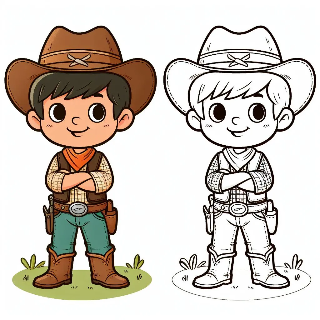 Cute Boy Dressed Up as Cowboy with Hat Standing with Arms Crossed 🤠👦🏻🌟 Coloring Page