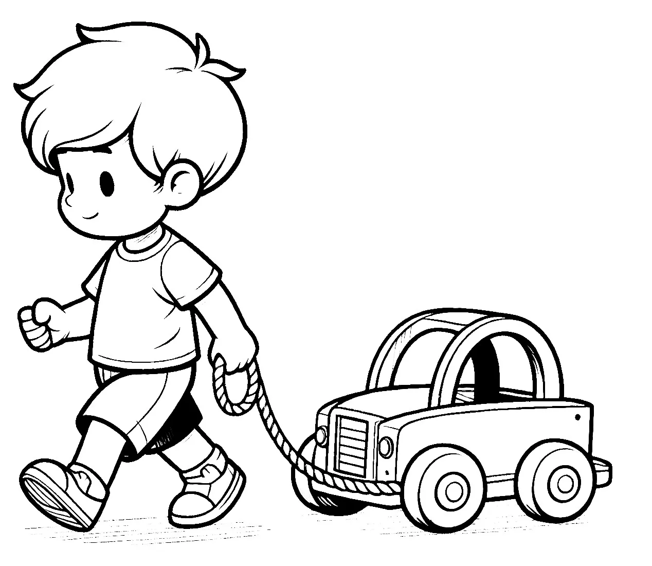 Cute Boy Pulling a Wooden Toy Car 🧒🚗🌟 Coloring Page