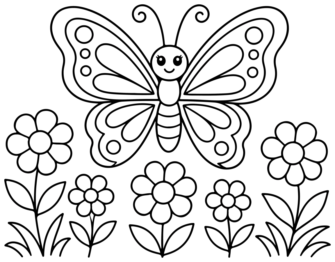 Cute Butterfly Flying Over Garden Flowers 🦋🌸🌼 Coloring Page