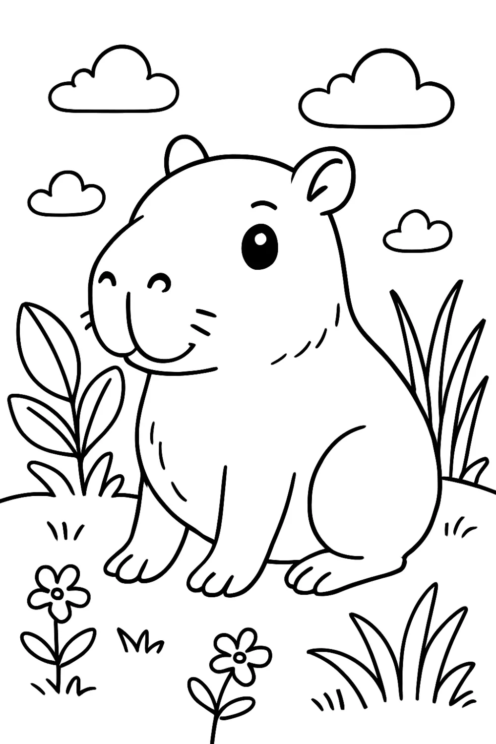 Cute Capibara Sitting in Grass with Flowers 🌸🌿🐹 Coloring Page