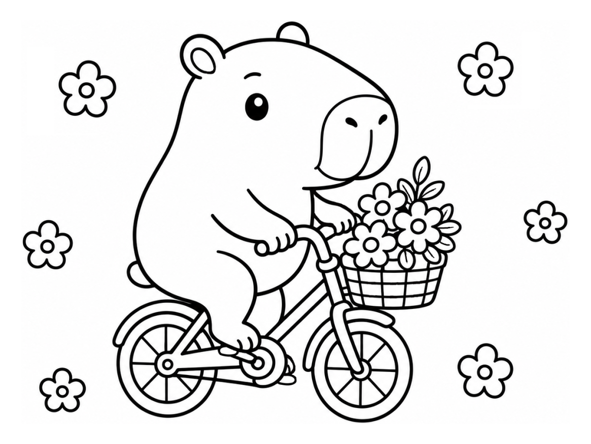 Cute Capybara on Bike with Flowers in Basket 🐾🌸🚲 Coloring Page