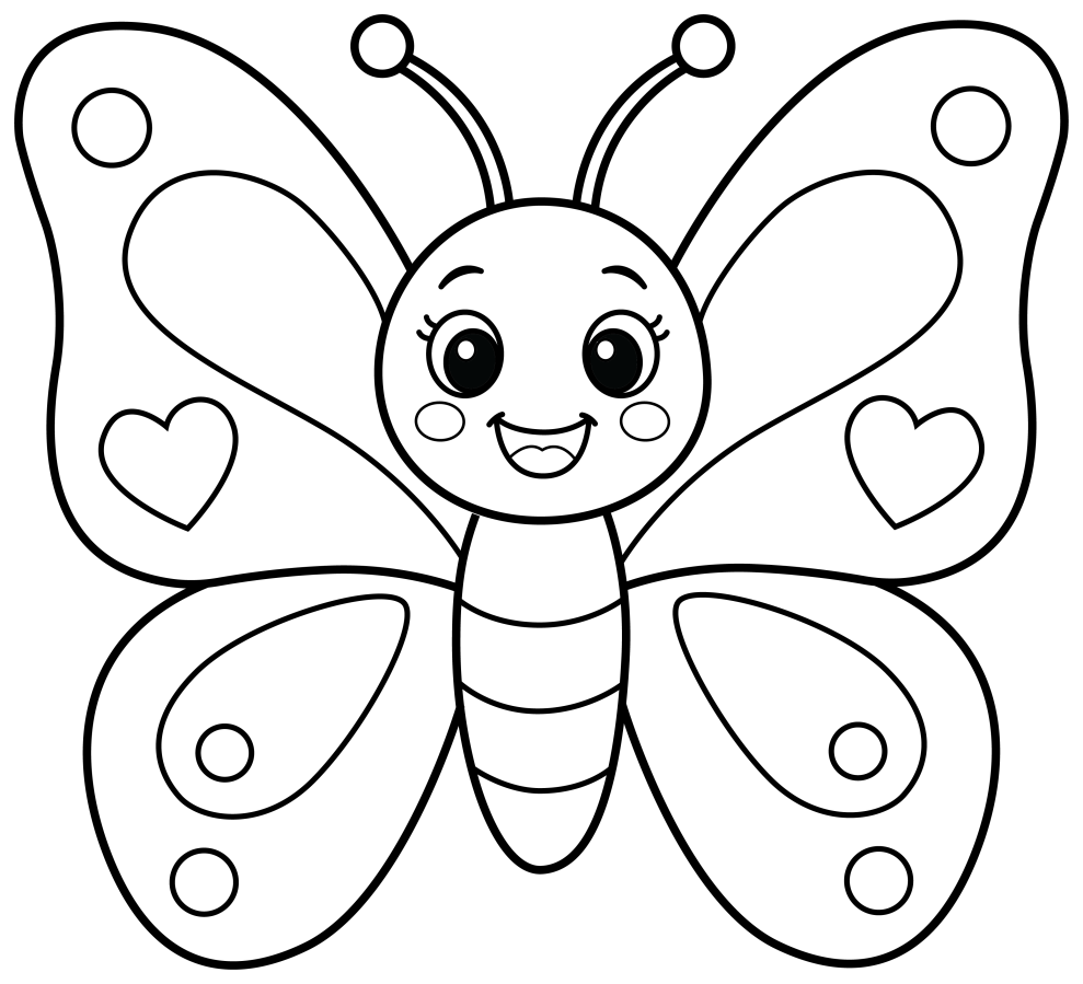 Cute Cartoon Butterfly with Heart Wings 🦋✨💖 Coloring Page