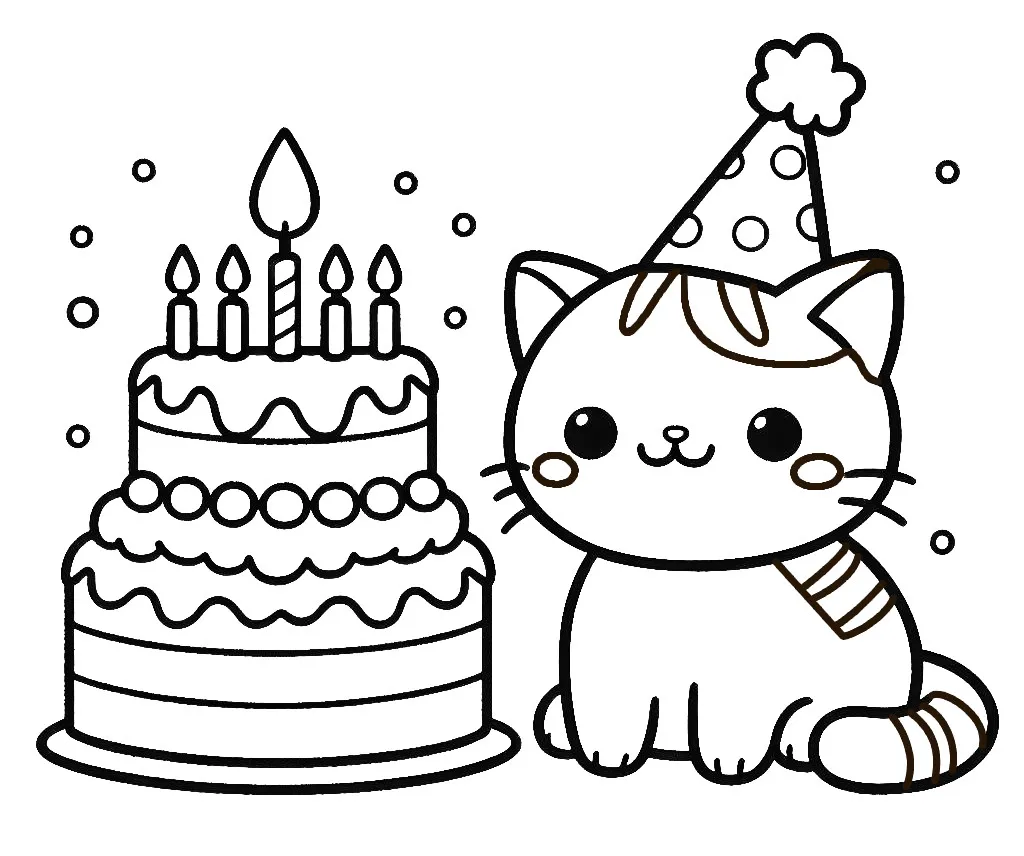 Cute Cat with Birthday Cake with 5 Candles 🎂🕯️🐱 Coloring Page