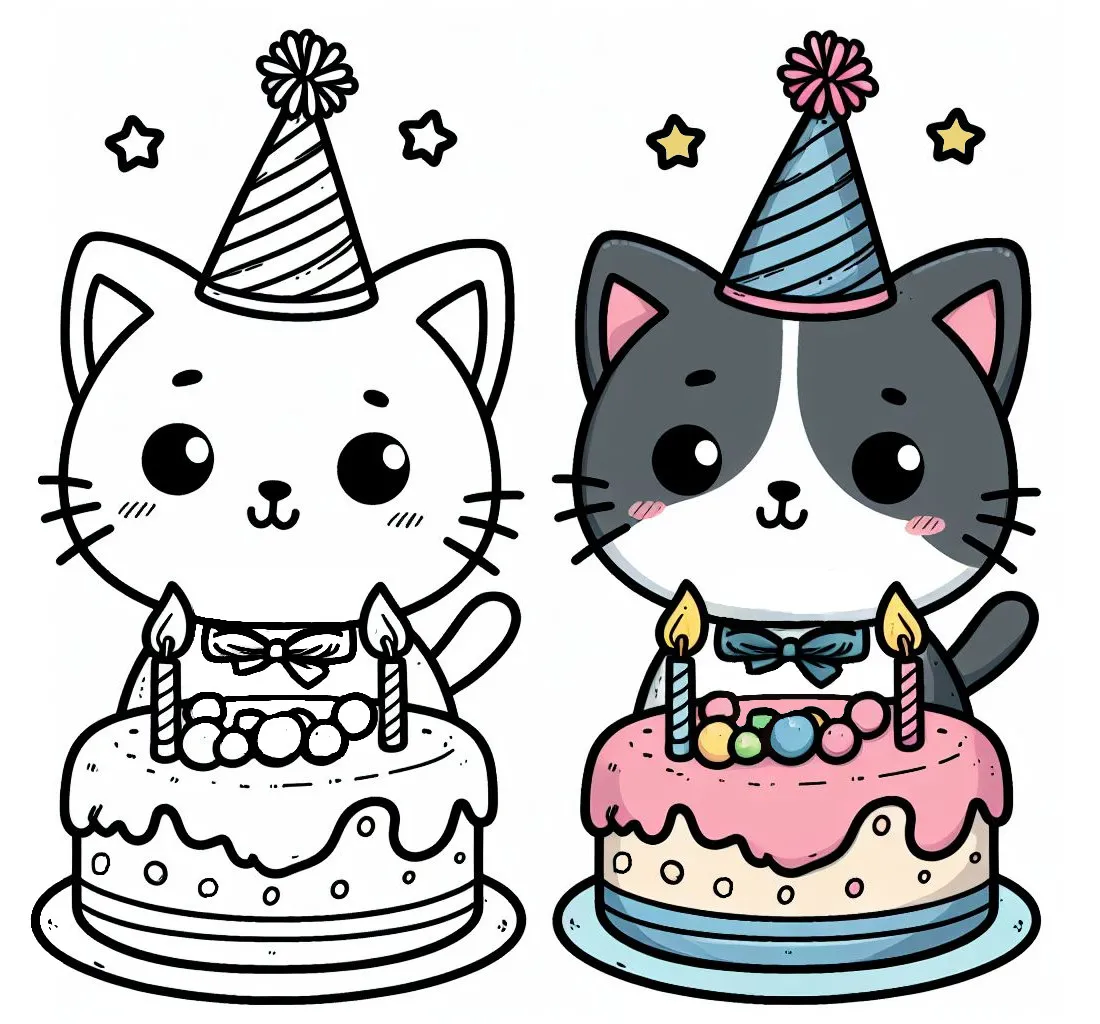 Cute Cat with Birthday Cake and Hat 🎂🐱🎉 Coloring Page