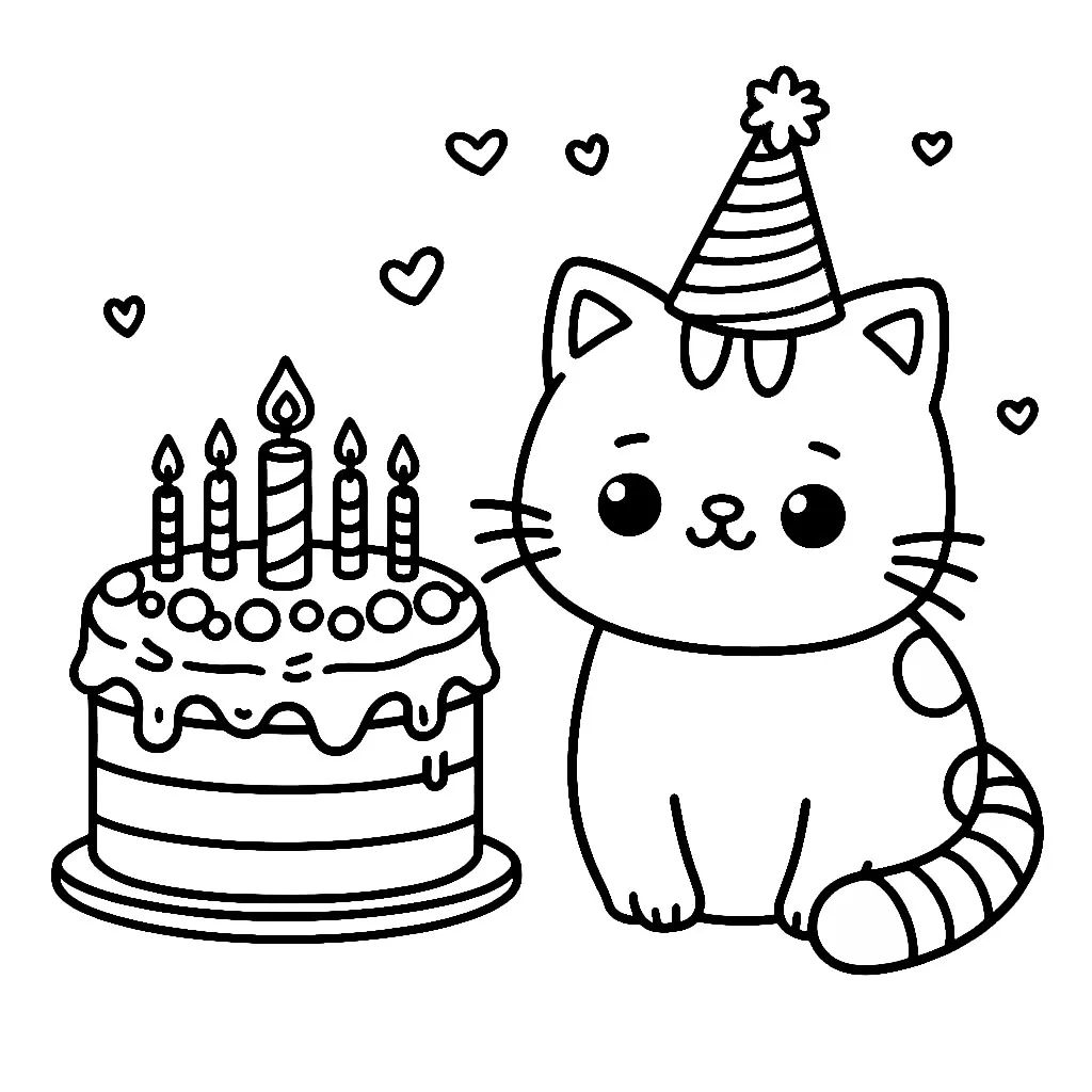 Cute Cat with Birthday Cake (5 candles) and Party Hat  🐱🎂🎉 Coloring Page