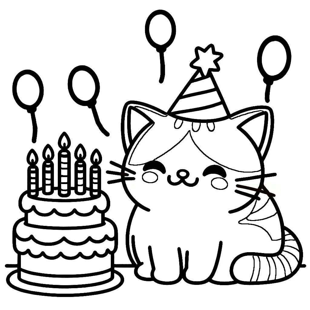 Cute Cat with Birthday Cake (5 candles) Party Hat and Balloons 🐱🎂🎈 Coloring Page