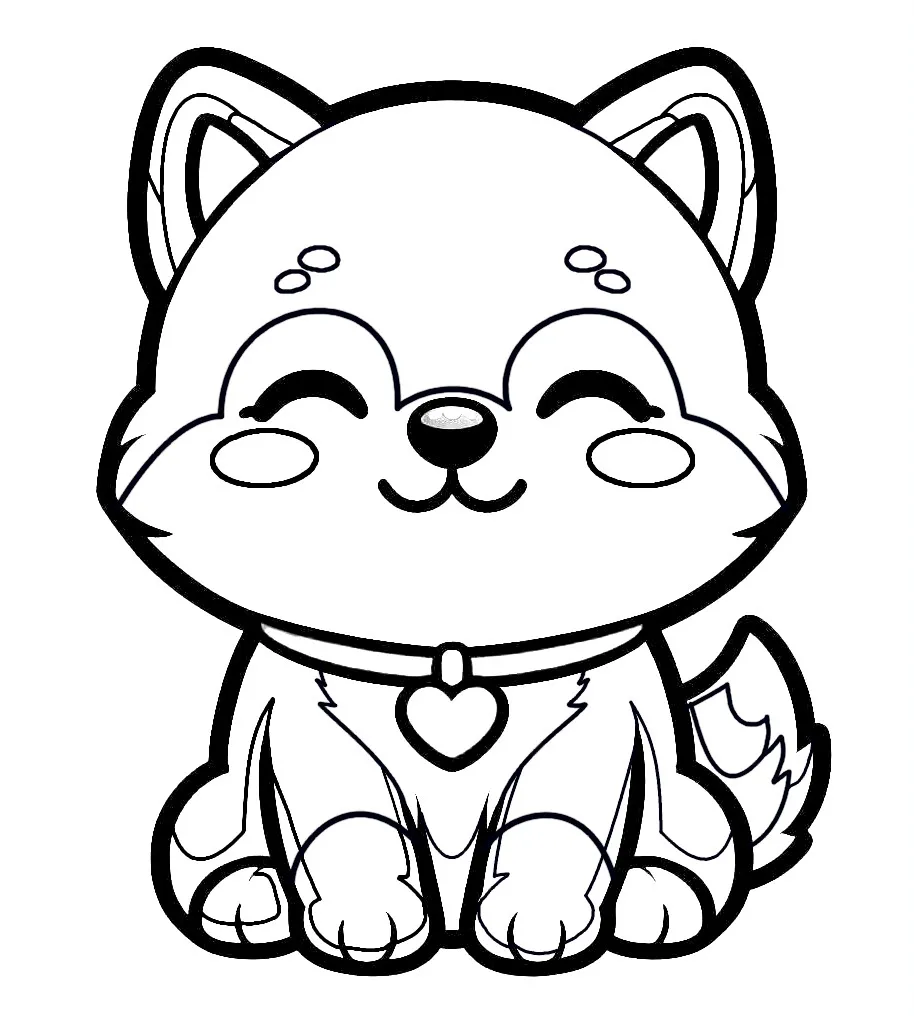 Cute Chibi Shiba Inu Puppy Sitting Eyes Closed with Heart Hanger Collar 🐶💖🎀 Coloring Page