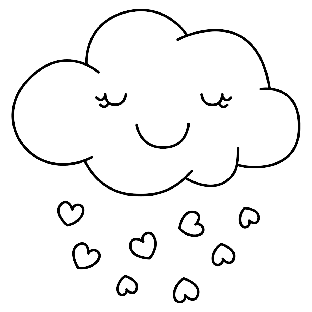 Cute Cloud Raining Colorful Hearts with a Happy Face ☁️🌈💖😊 Coloring Page