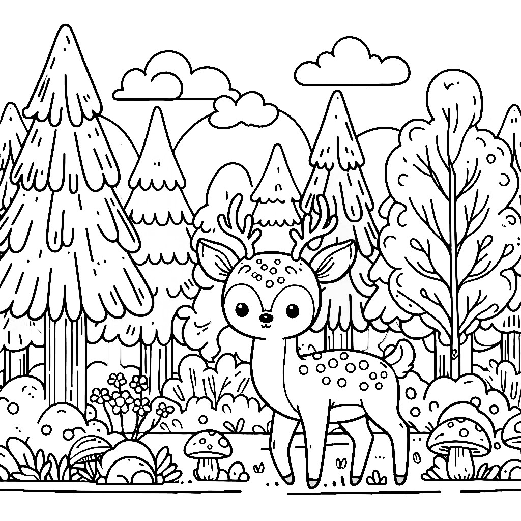 Cute Deer in Forest 🌳🦌🍃 Coloring Page