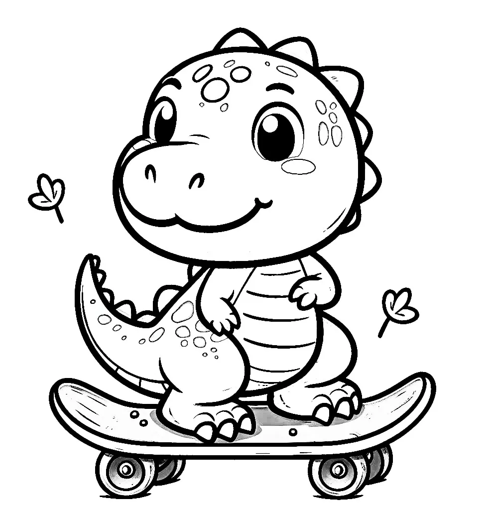 Cute Dino Standing on Skateboard 🦕🛹 Coloring Page